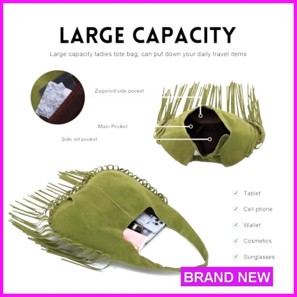 Vegan Faux Suede Hobo Bag with Fringe Tassel Shoulder Purse - Picture 6 of 7
